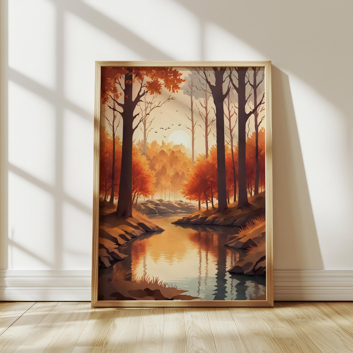 Cozy Autumn Forest River Art Print, Fall Landscape