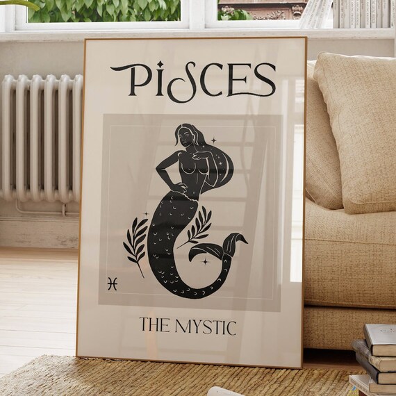 Pisces Zodiac Goddess Art Print, Celestial Sign