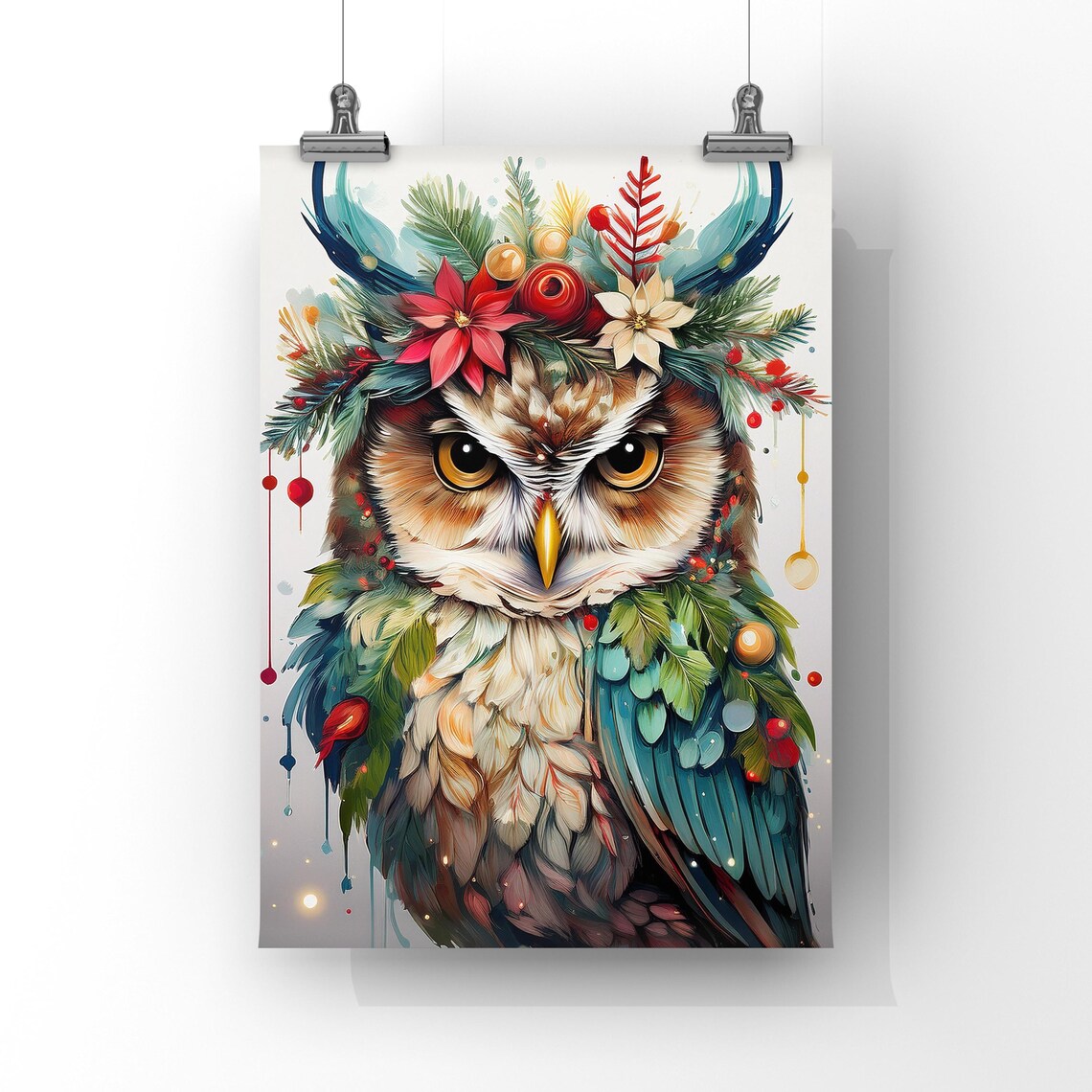 Owl Wearing Festive Floral Holiday Crown Watercolor Painting Poster