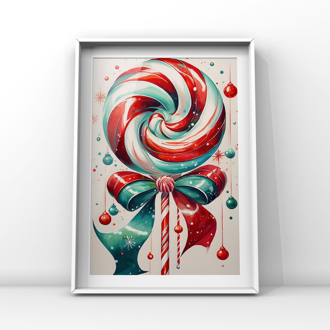 Peppermint Swirl Lollipop Holiday Bow Watercolor Painting Poster