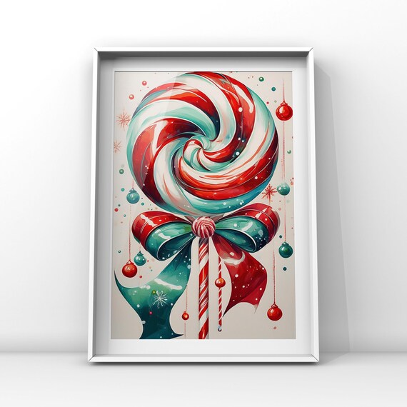 Peppermint Swirl Lollipop Holiday Bow Watercolor Painting Poster