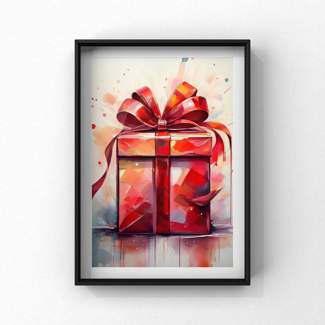 Red Christmas Gift Box Ribbon Watercolor Holiday Painting Poster