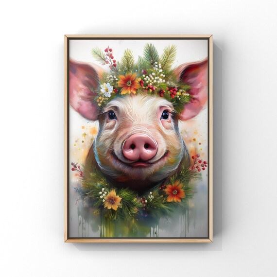 Smiling Pig Wearing Festive Flower Crown Holiday Painting Poster