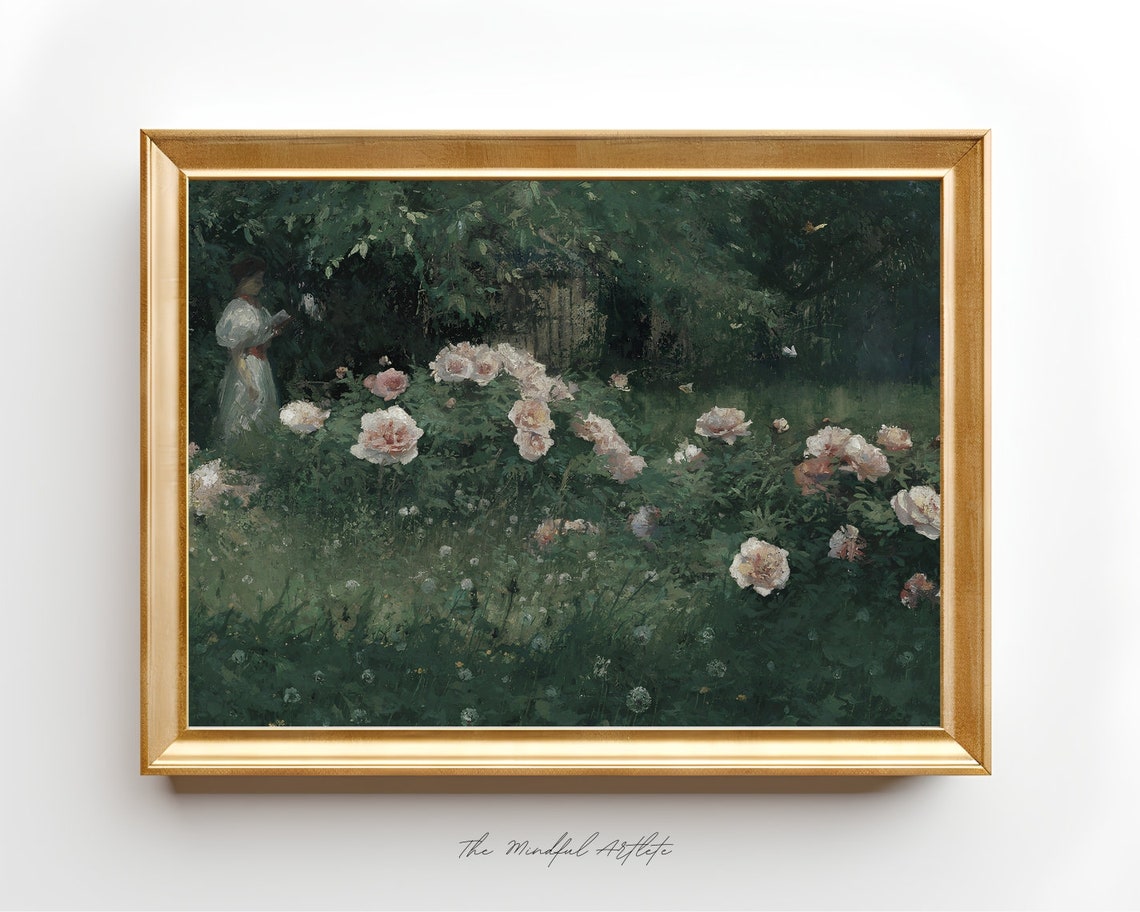 Vintage Flower Painting Vintage Landscape Painting Rose Garden Painting Meadow Painting Farmhouse Decor Rustic Country Art Print