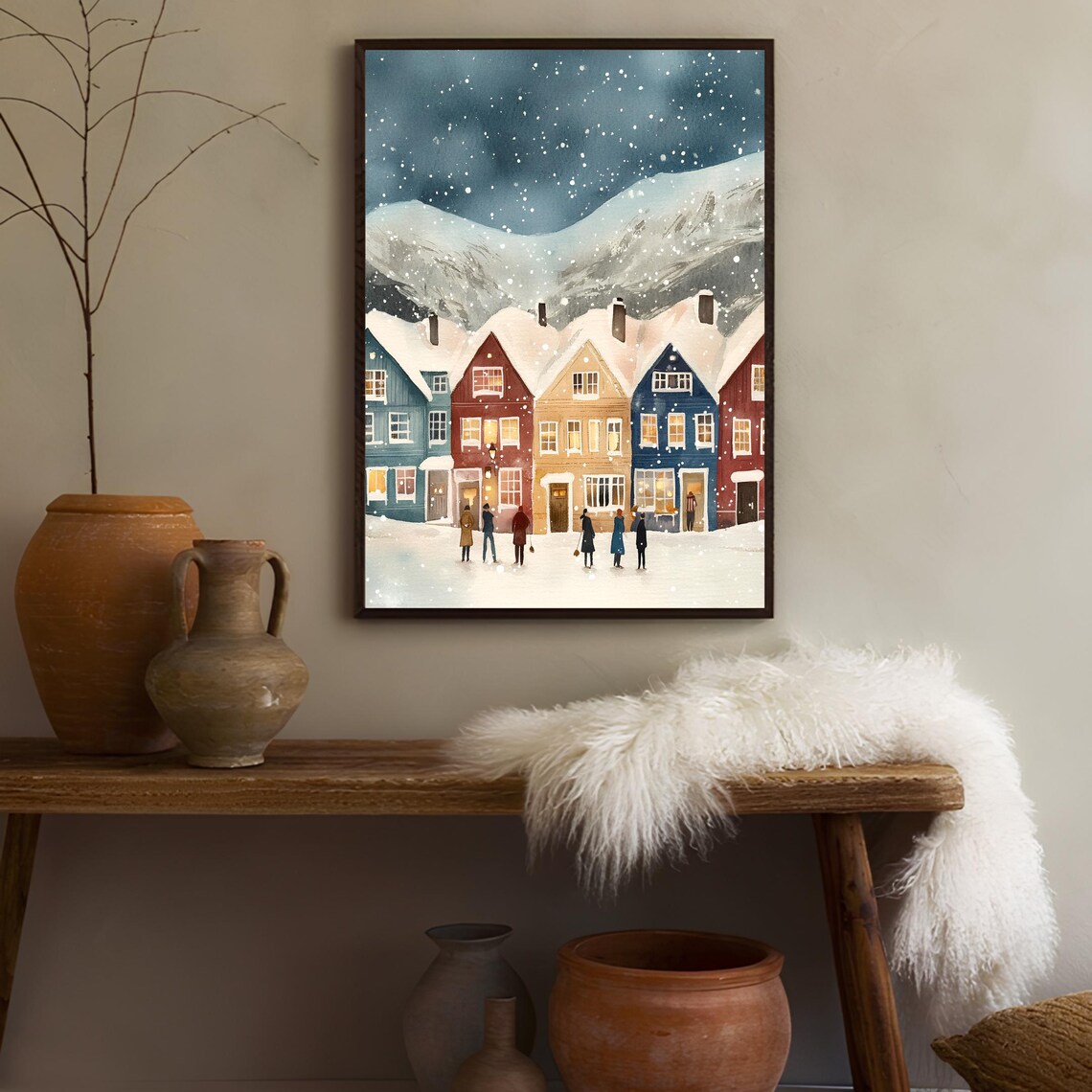 Norway Winter Colorful Row Houses Snowy Mountains Village Poster - Image 3