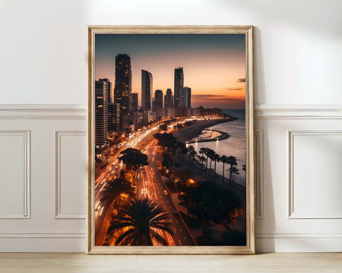Tel Aviv Israel Beachfront Skyline Palm Boulevard Sunset Travel Poster