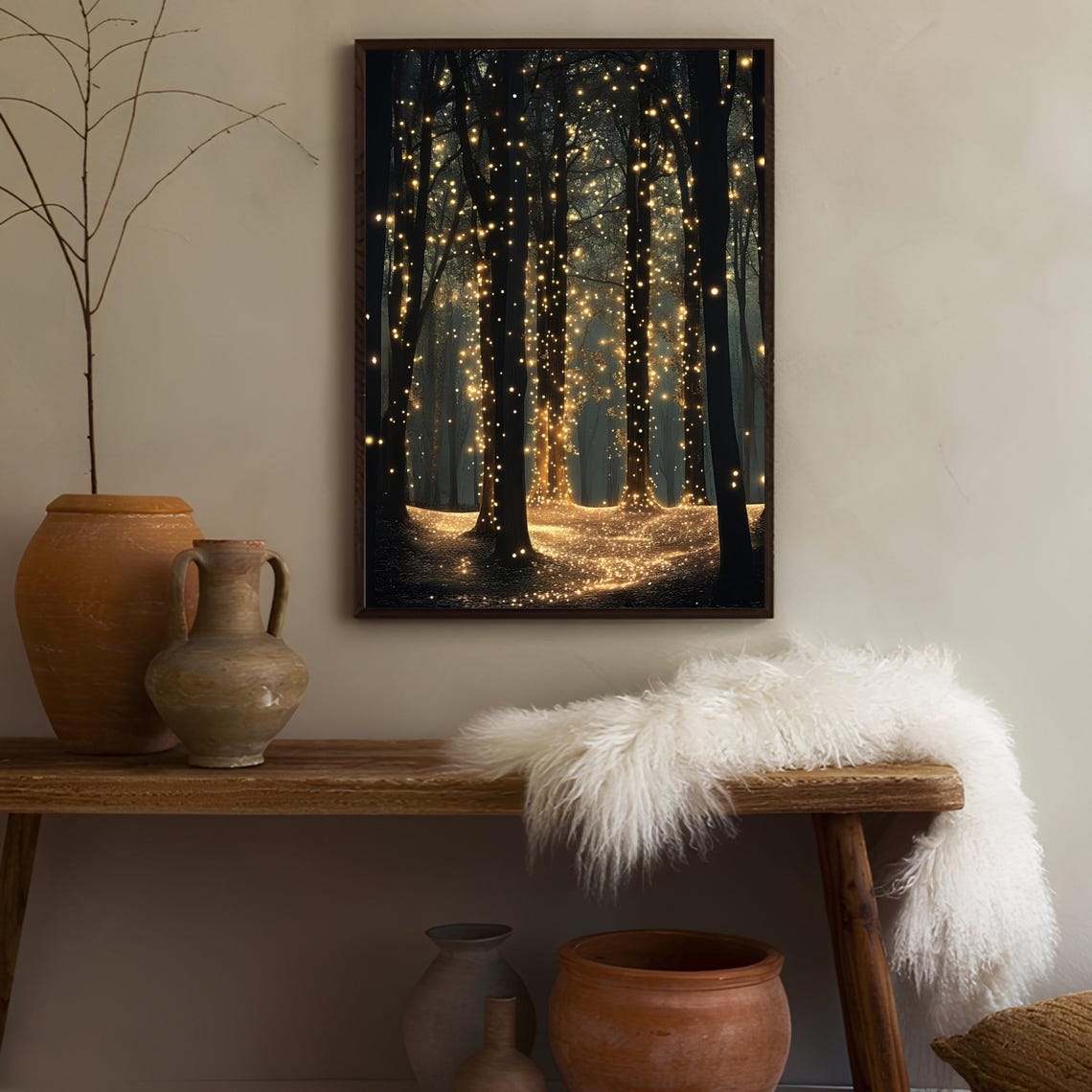 Enchanted Night Forest Golden Lights Fireflies Fantasy Art Poster - Image 3