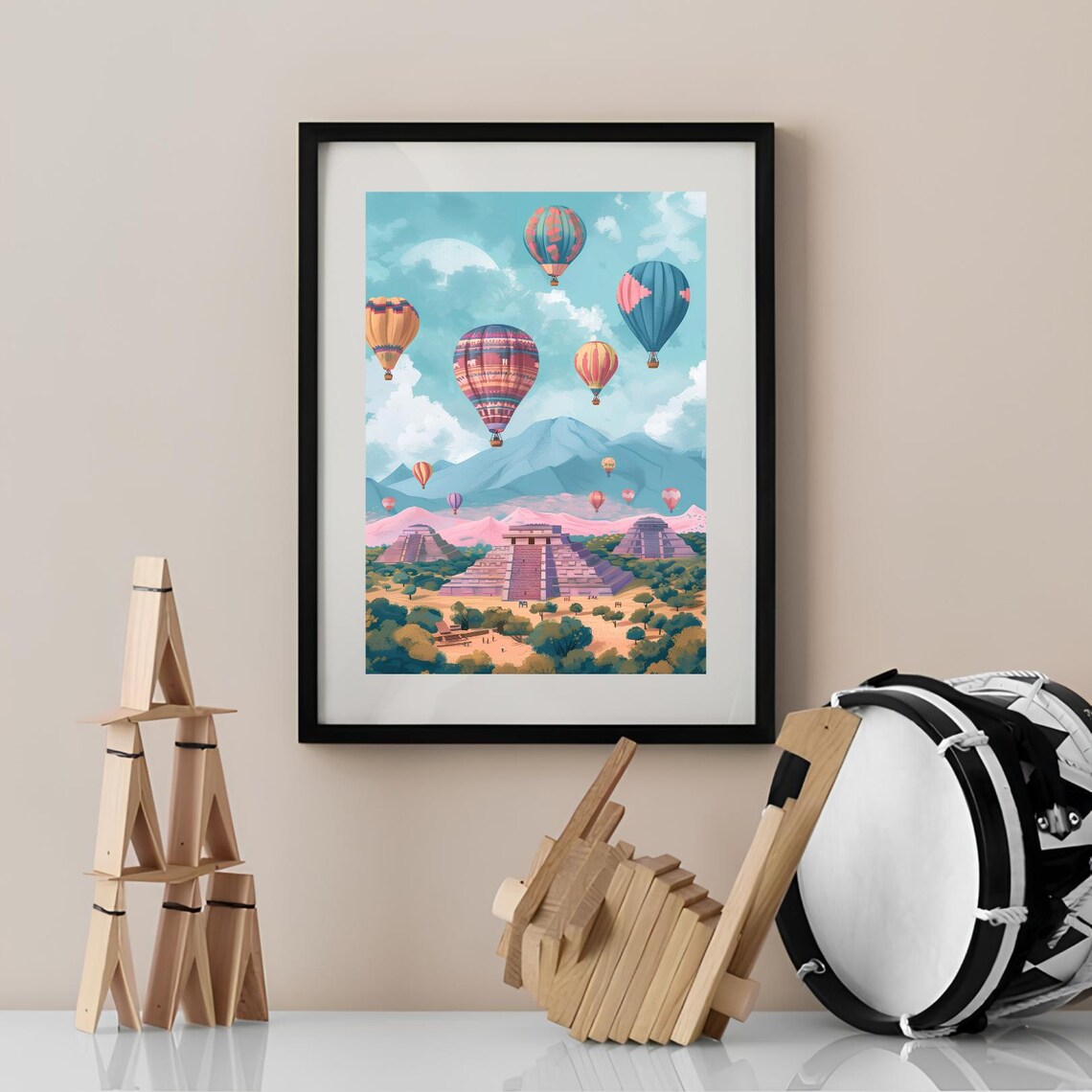 Mexico Hot Air Balloons Over Ancient Pyramids Colorful Travel Art Poster - Image 2