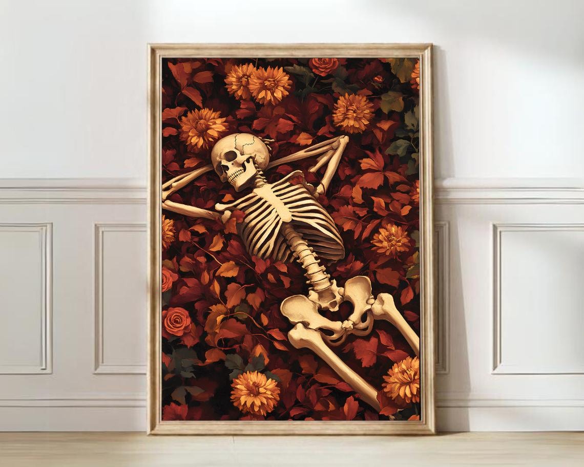Skeleton Resting Among Autumn Leaves And Dahlias Halloween Poster