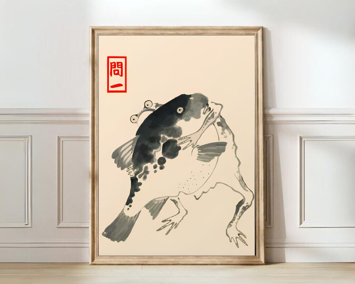 Japanese Frog and Fish Vintage Art Print