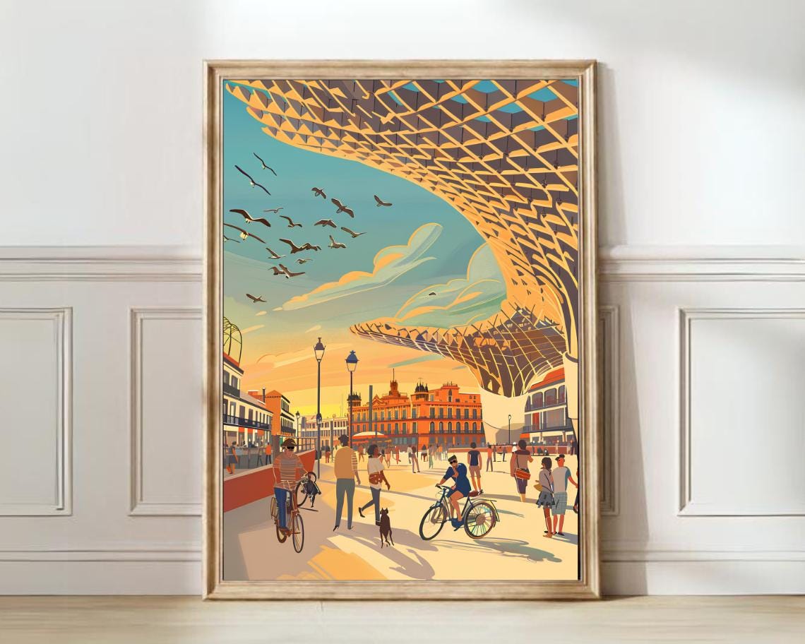 Seville Spain Las Setas Sunset Plaza Travel Illustration Poster