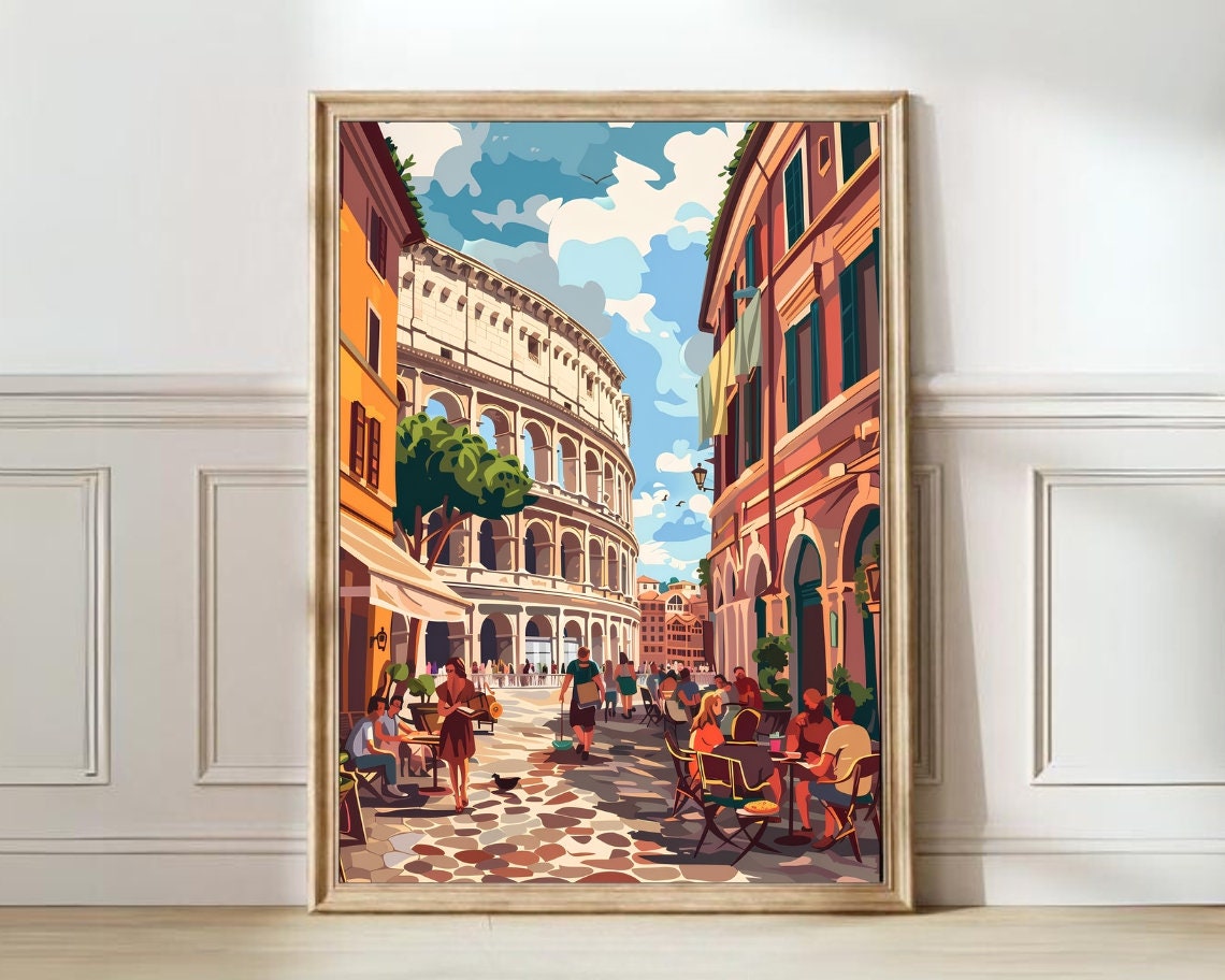 Rome Colosseum Street Scene Vintage Illustration Italy Travel Poster