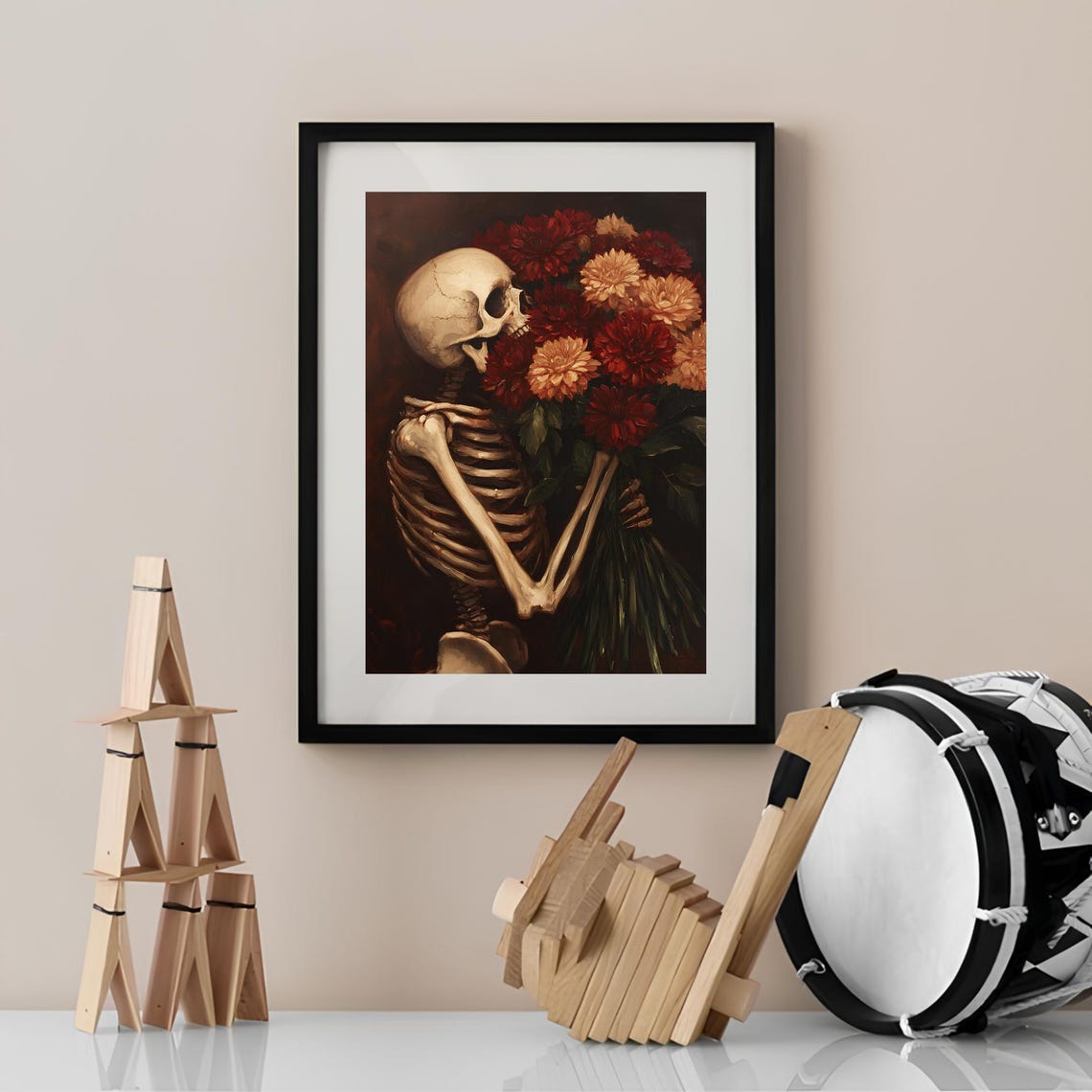 Skeleton With Red Dahlia Bouquet Side Profile Halloween Poster - Image 2