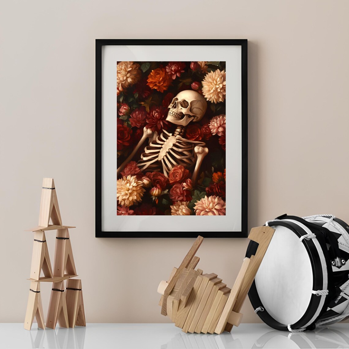 Skeleton Among Red And Cream Roses Vintage Floral Halloween Poster - Image 2