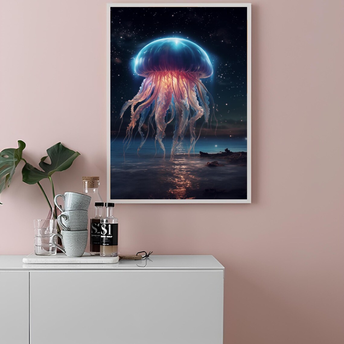Glowing Blue Jellyfish Night Ocean Surreal Celestial Art Poster - Image 2