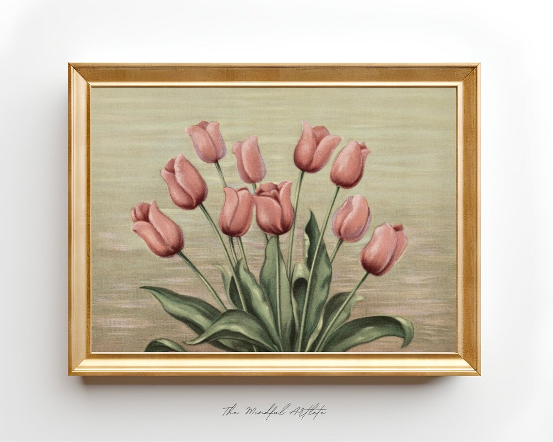 Vintage Botanical Painting of Pink Coral Tulips in Bloom Poster