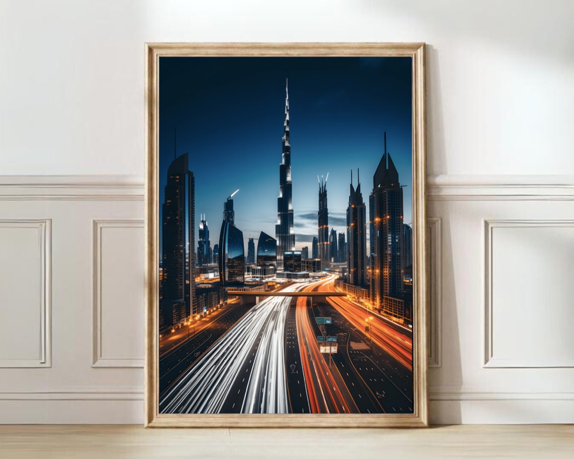 Dubai UAE Night Skyline Poster with Burj Khalifa and Light Trails