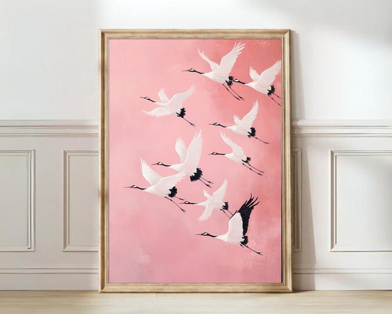 Graphic White Cranes Flying Pink Background Modern Bird Poster