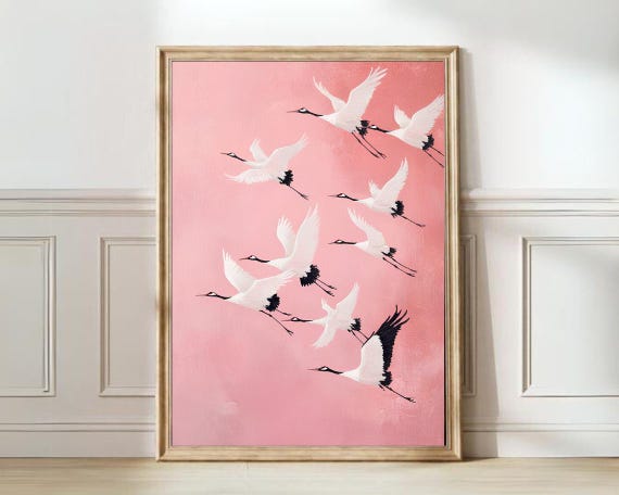 Japanese Crane Art Vintage Japanese Print Pink Crane Painting Pastel Pink Bird Print Vintage Neutral Print Japandi Print Wabi Sabi Print
