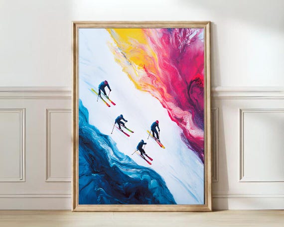Ski Poster Ski Print Ski Illustration Skiing Print Skiers Painting Snow Painting Snow Print Winter Print Winter Wall Art Ski Gift