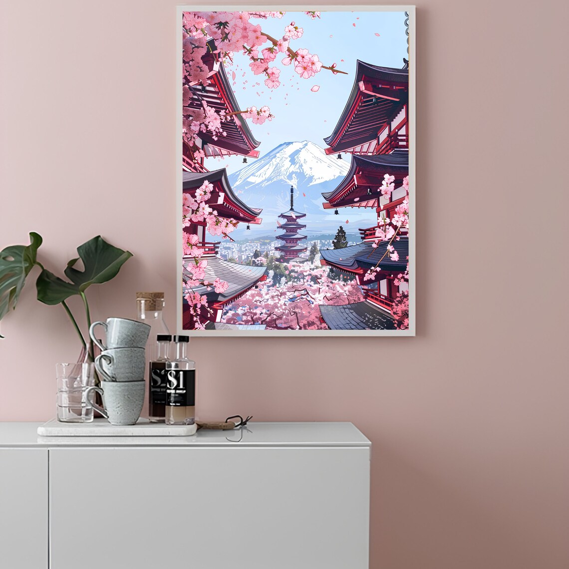 Mount Fuji with Pagoda and Cherry Blossoms Japanese Travel Poster - Image 2