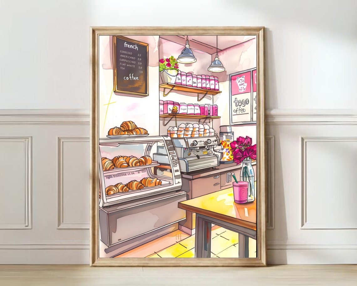 Pink Parisian French Cafe Interior Croissant Watercolor Poster
