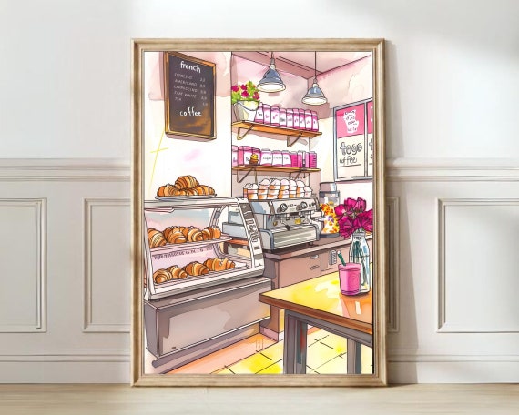 Parisian Cafe Print Paris Print Coffee Print Cafe Illustration Preppy Pink Print Cafe Illustration Croissant Print