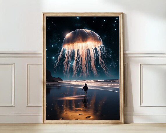 Golden Glowing Jellyfish Over Night Beach Surreal Ocean Art Poster