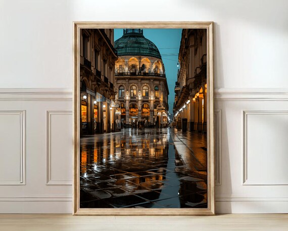 Milan Galleria Night Rain Blue Hour Arcade Italy Travel Poster
