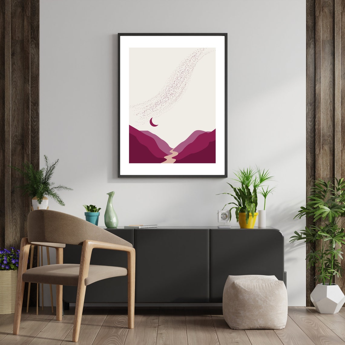Magenta Mountain Moon Minimalist Abstract Landscape Art Poster - Image 2