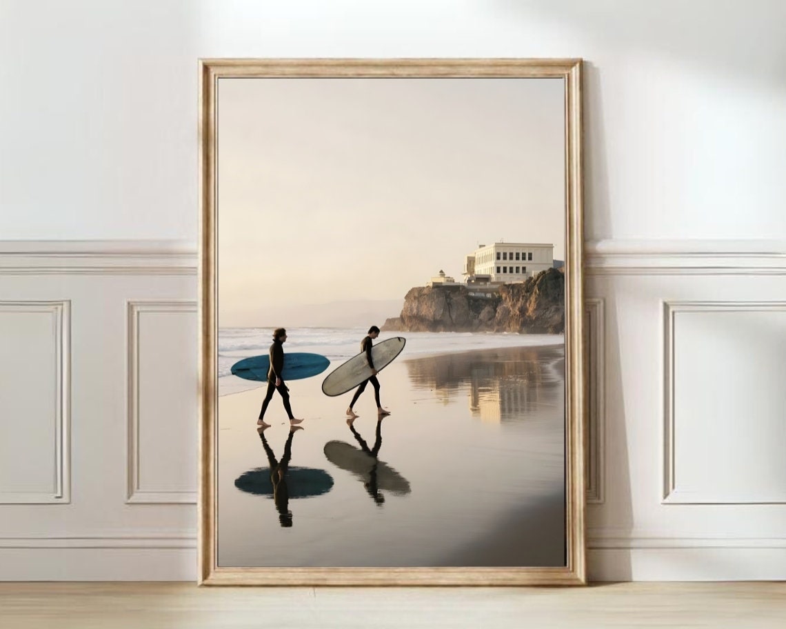 Two Surfers Walking Sunset Beach Surfboard Coastal Wall Poster