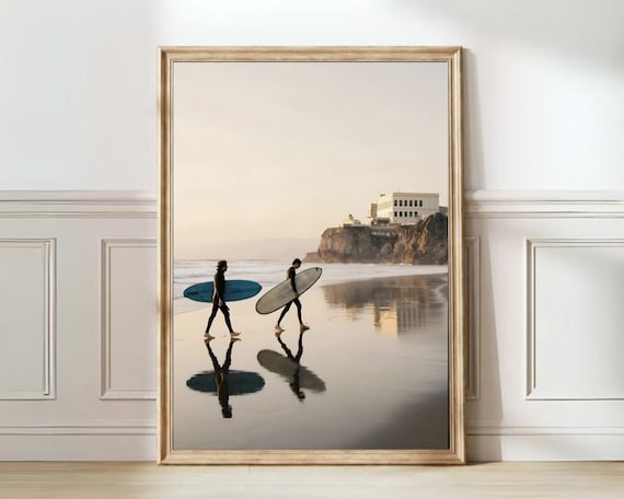 Two Surfers Walking Sunset Beach Surfboard Coastal Wall Poster