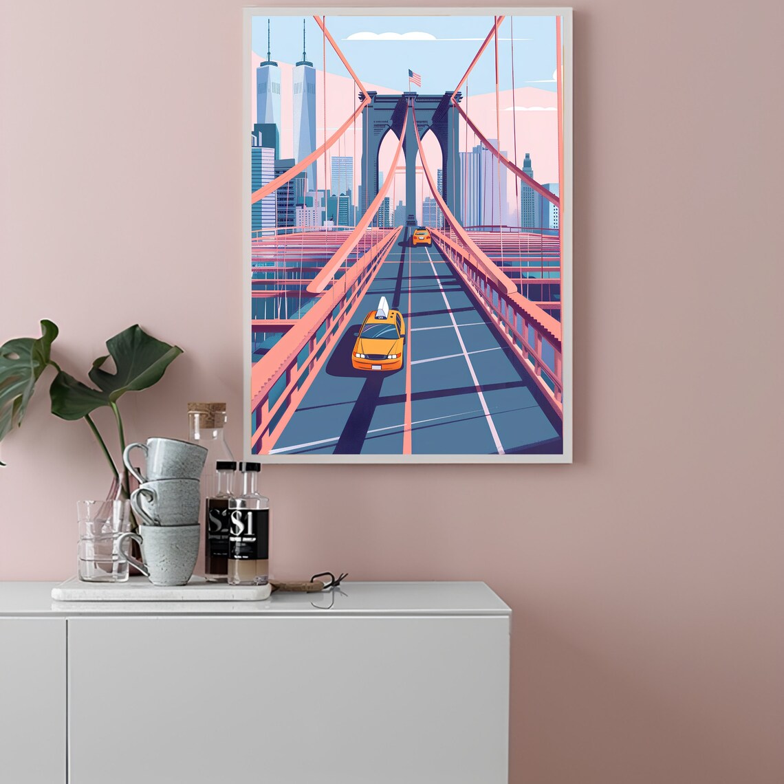 New York Brooklyn Bridge Pastel Travel Poster - Image 3