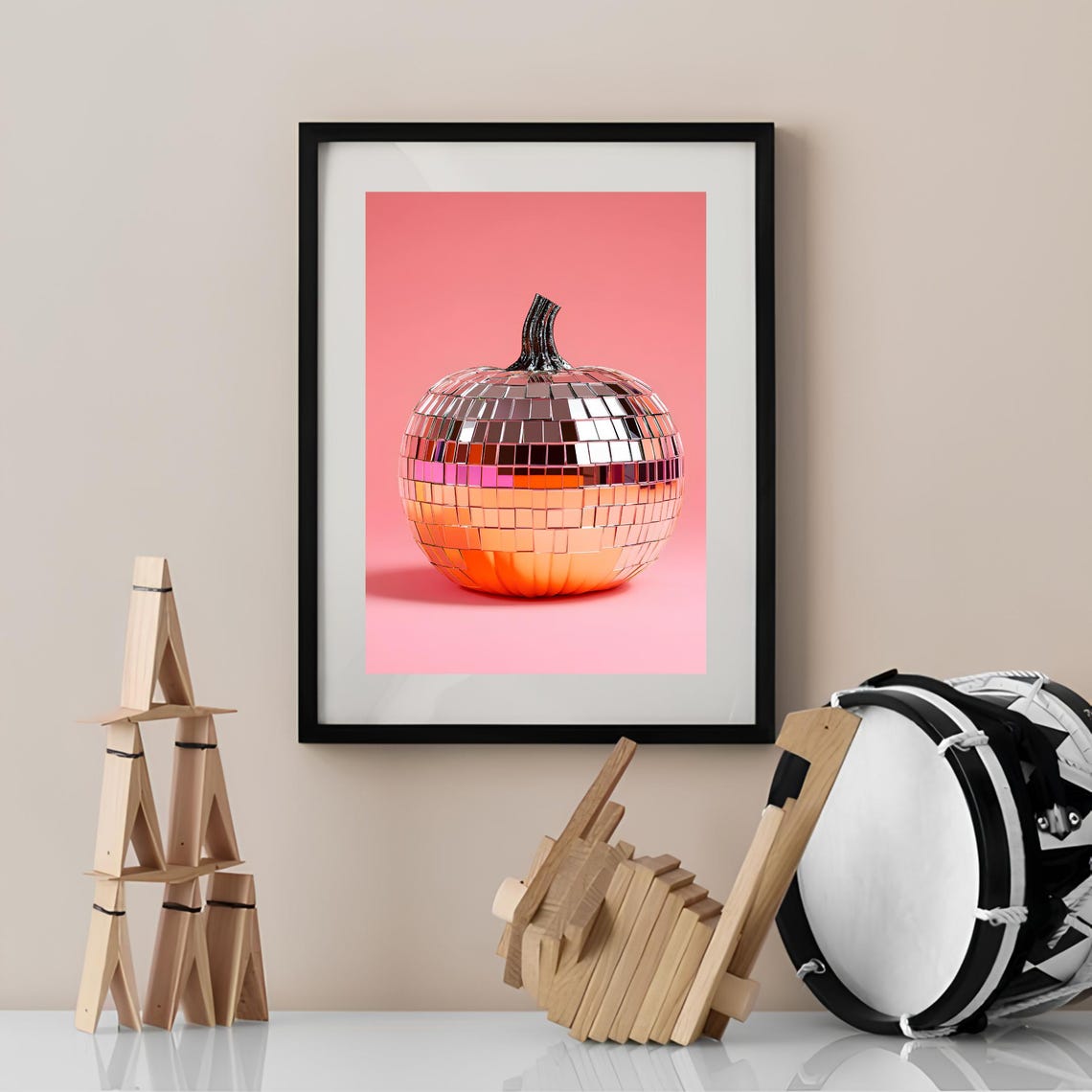 Disco Ball Mirror Pumpkin Coral Fall Autumn Eclectic Wall Art - Image 2