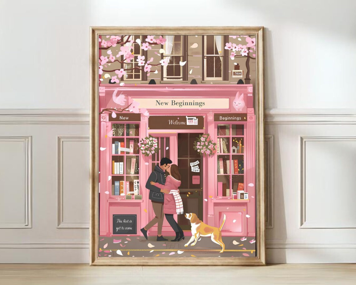 New Beginnings Pink Bookshop Cherry Blossom Romance Art Poster