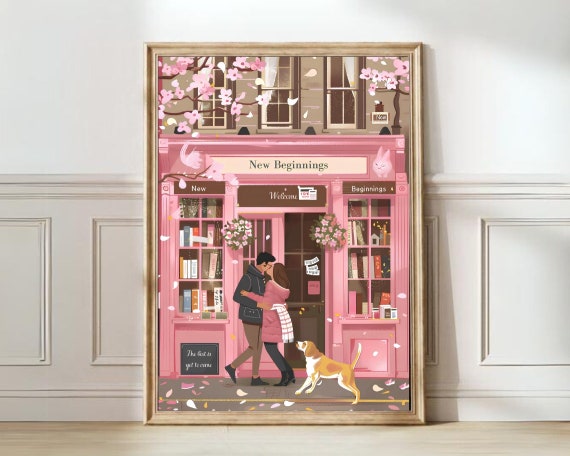 Cherry Blossom Print Bookshop Print Coffee Print Cafe Wall Art Prink Wall Art Kitchen Print Dreamy Print Pink Illustration Print