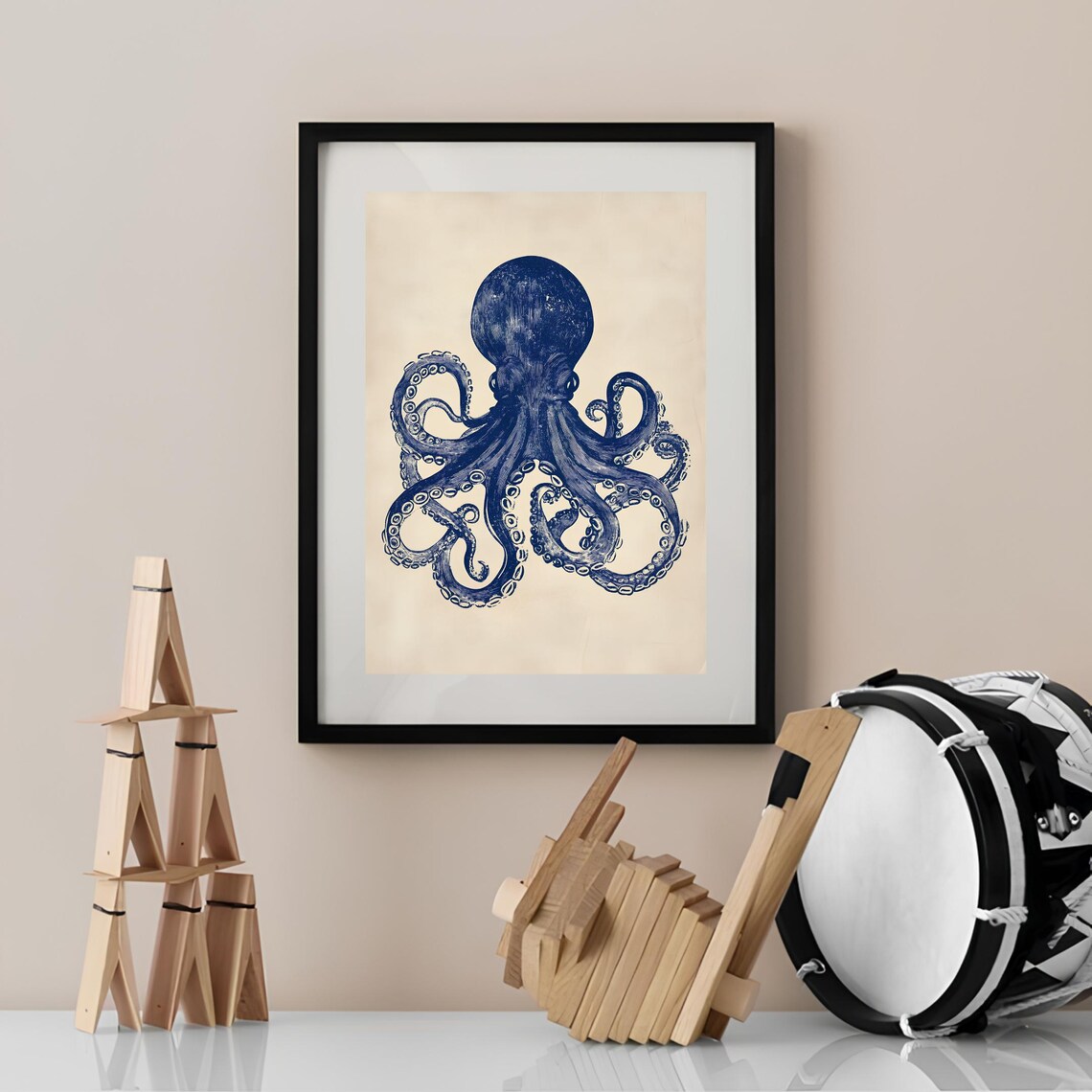 Octopus Linocut Vintage Poster, Eclectic Kitchen Art - Image 2