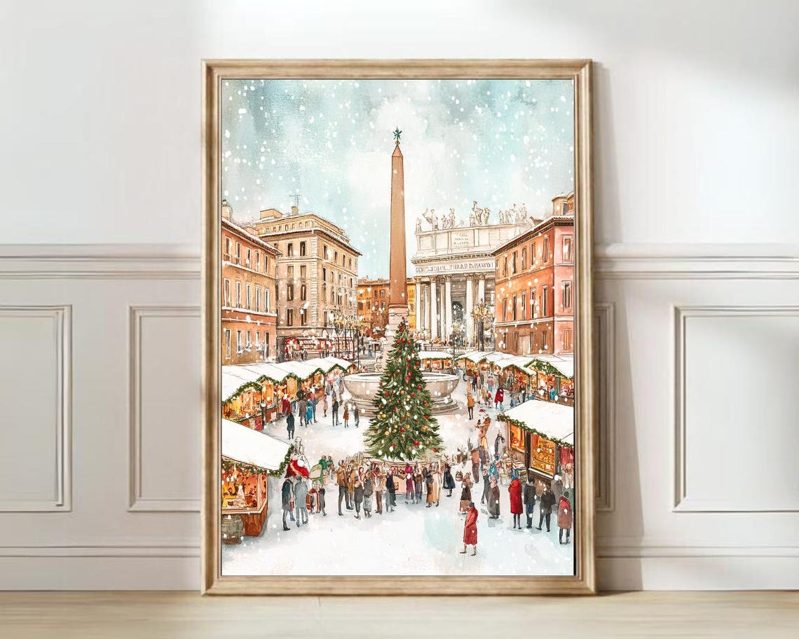 Rome Christmas Market Obelisk Church Dome Festive Square Poster