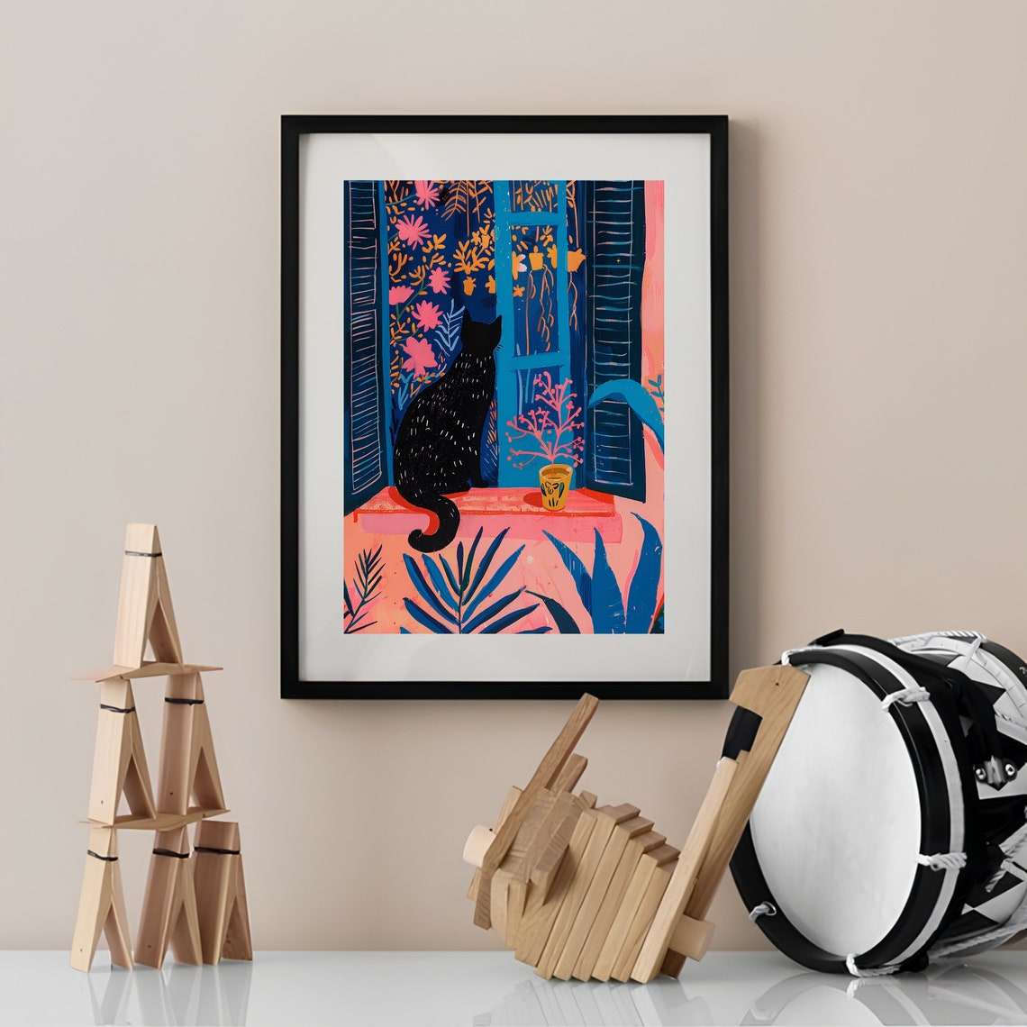 Black Cat At Window Matisse Inspired Fauvist Floral Art Poster - Image 2