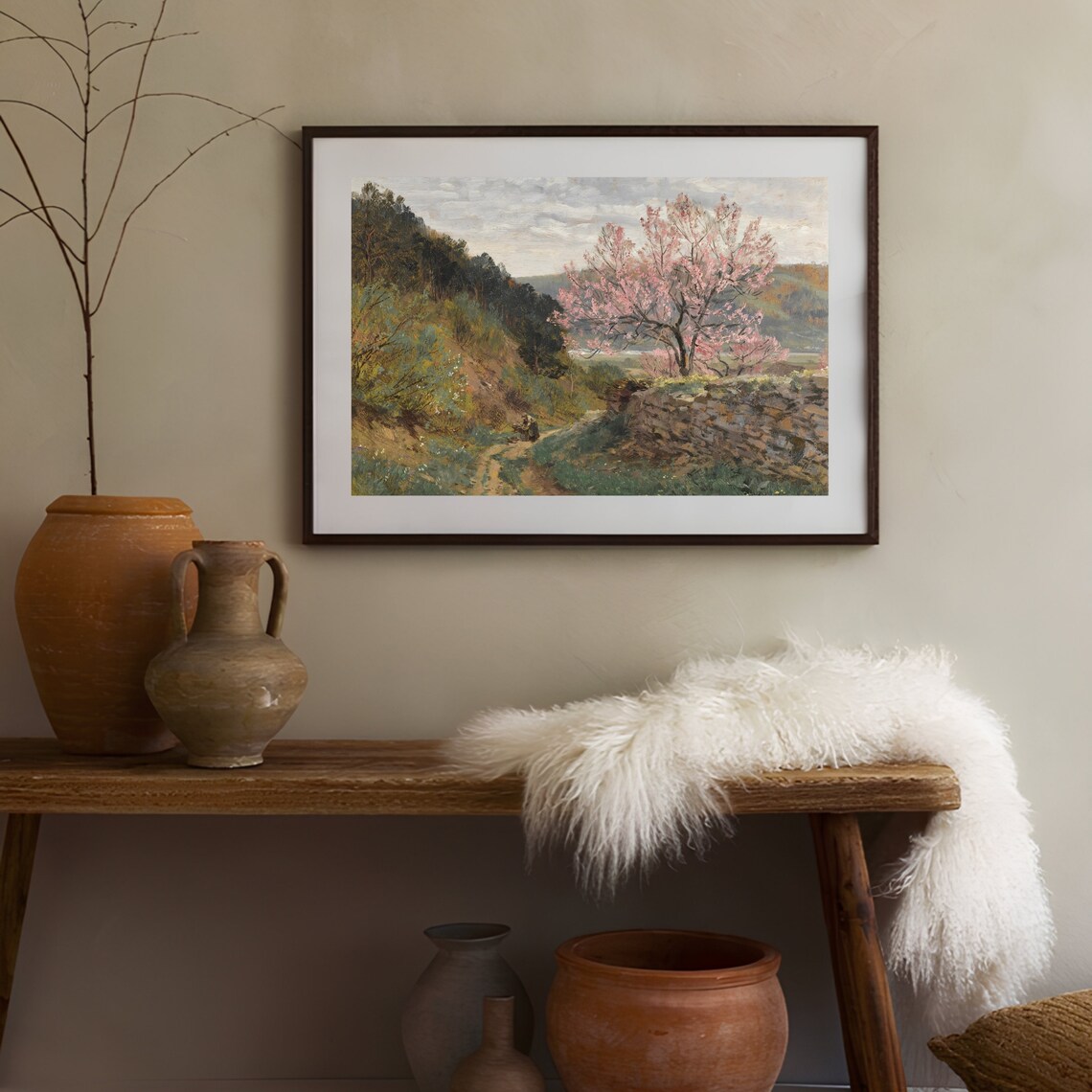Vintage Meadow Painting Vintage Landscape Painting Cherry Blossom Painting Tree Print Vintage Print Farmhouse Decor Rustic Country Art Print - Image 2