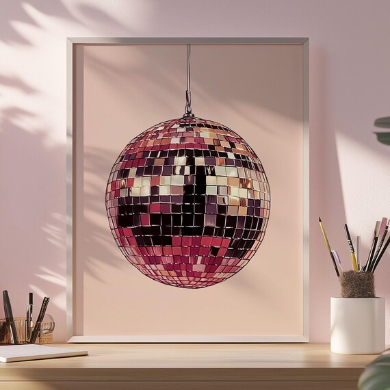 Pink Disco Ball Mirror Ball Retro Dorm Room Wall Art Girly Decor