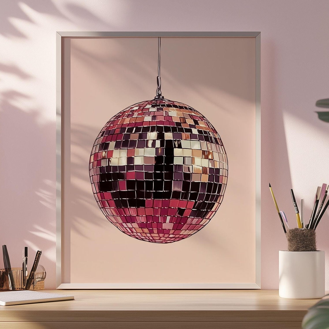 Pink Disco Ball Mirror Ball Retro Dorm Room Wall Art Girly Decor