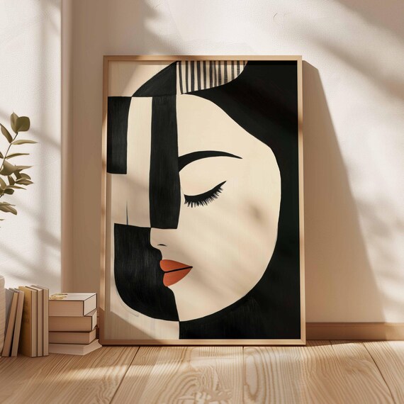 Abstract Closed Eye Woman Face With Black White Stripes Poster
