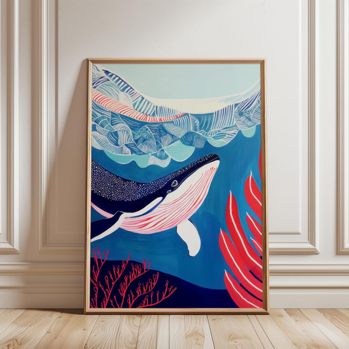 Blue And Red Whale Underwater Scene Playful Ocean Art Poster