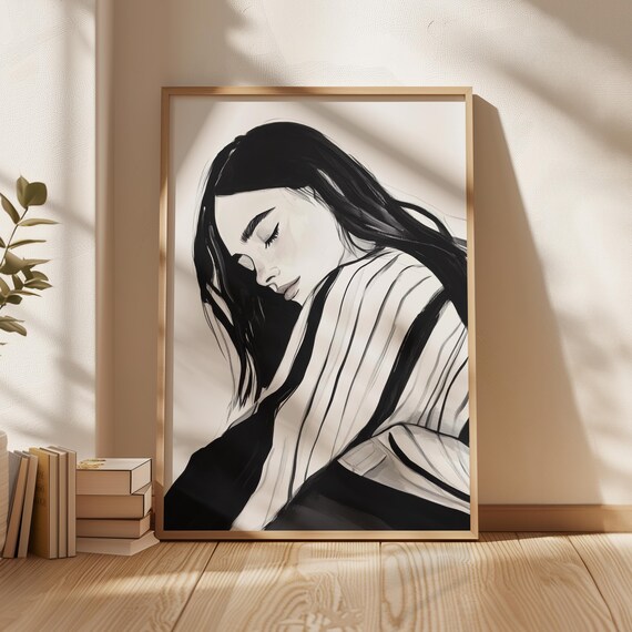 Gentle Woman Portrait Modern Minimalist Art Print Serene Black And White Artwork Calming Feminine Wall