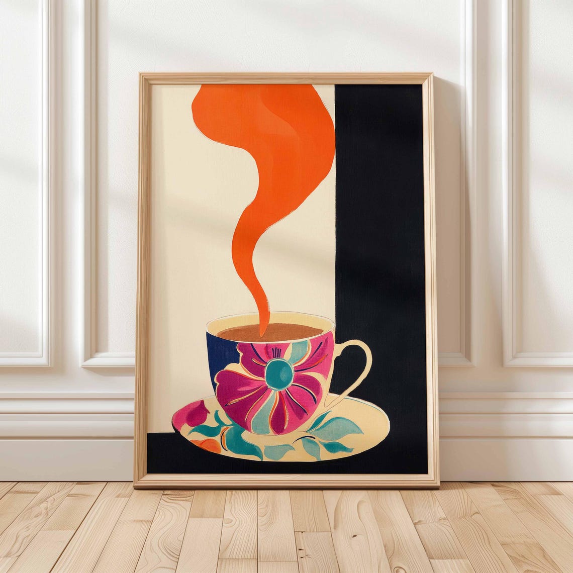Floral Coffee Cup With Bold Orange Steam Modern Kitchen Art Poster
