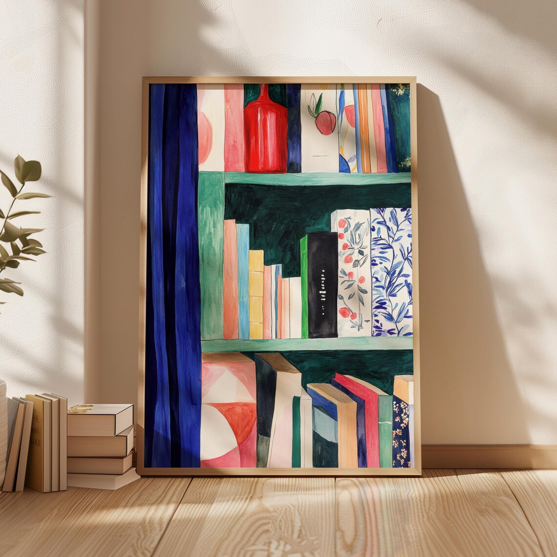 Colorful Bookshelf Illustration, Cozy Reading Nook