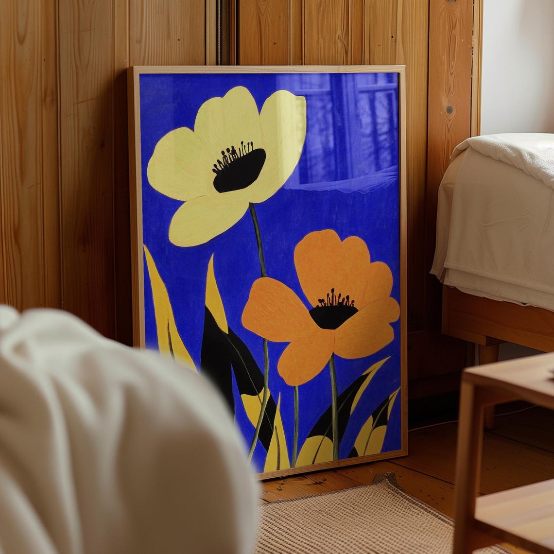 Bold Yellow And Orange Floral Composition On Blue Modern Graphic Wall Art Contemporary Botanical Art - Image 3