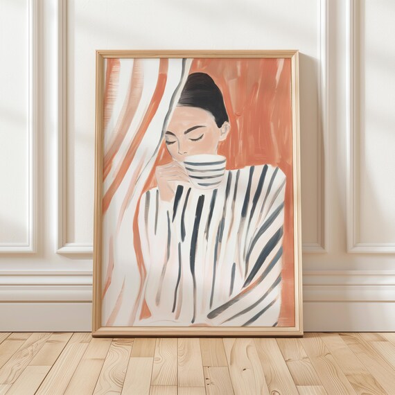Serene Woman Sipping Tea From Striped Cup In Terracotta Poster