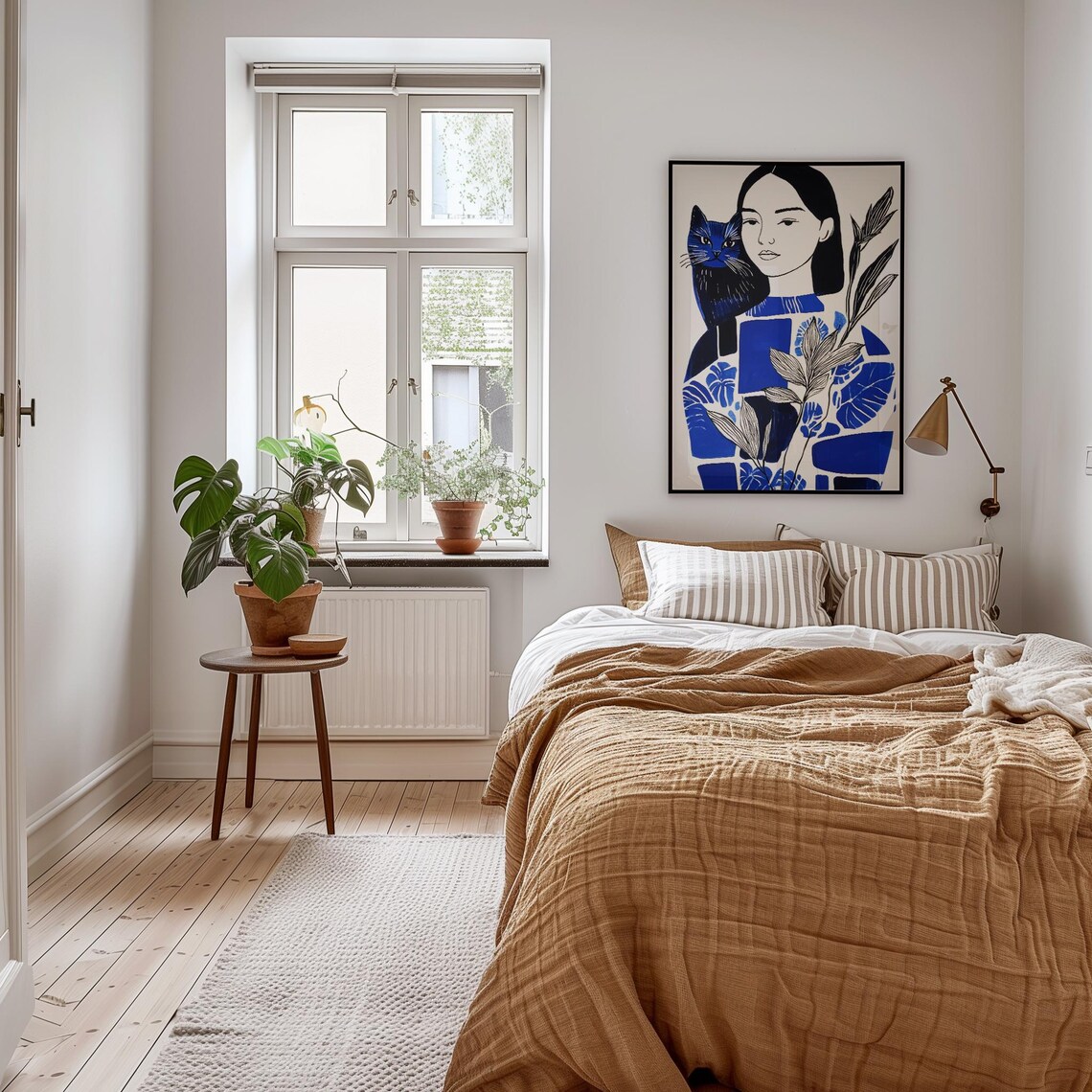 Woman With Indigo Cat and Botanical Leaves Modern Art Poster - Image 2